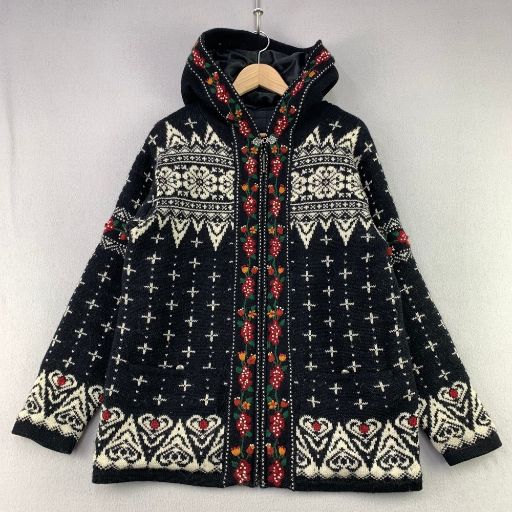 VTG Icelandic Designs Nordic Wool Cardigan Sweater Women L Blck Floral Fair Isle